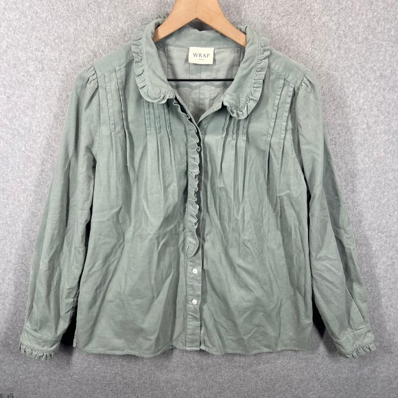 Wrap London Tops - Wrap London Corduroy Ruffle Blouse Women Size 12 Green Long Sleeve Pleated EUC